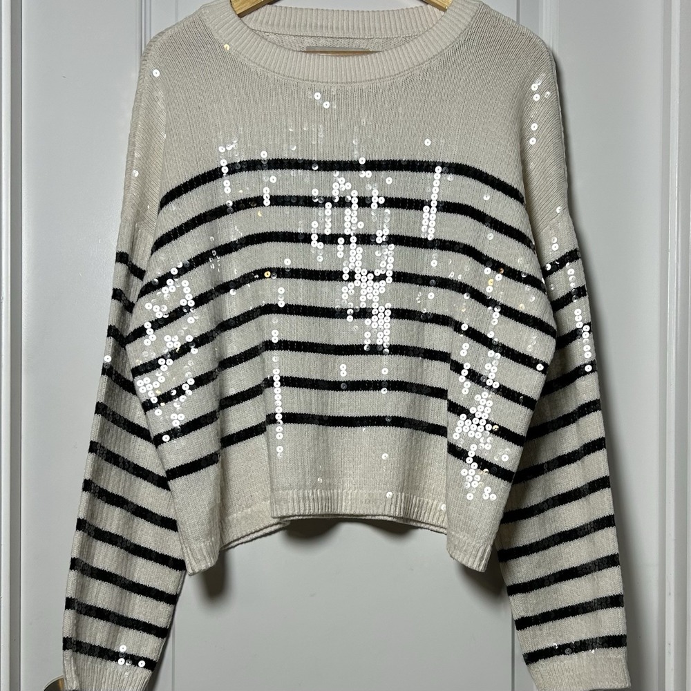 LOFT Cream‎ Black 100% Cotton Sequin Stripe Cropped Crewneck Pullover Sweater